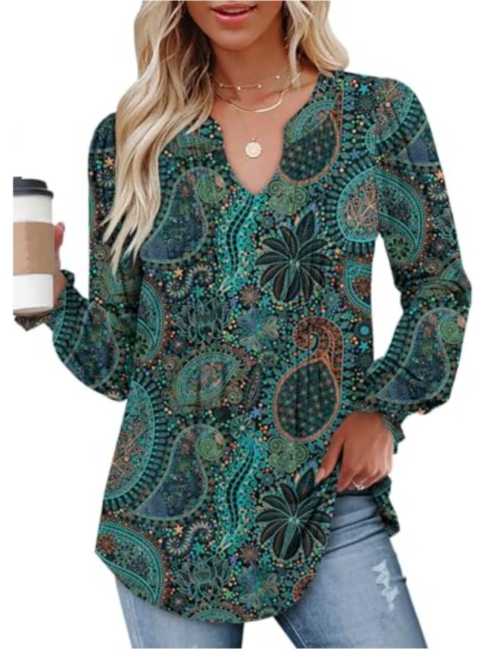 Womens V Neck Puff Long Sleeve Pleated Tunic T-Shirt Flowy Blouse